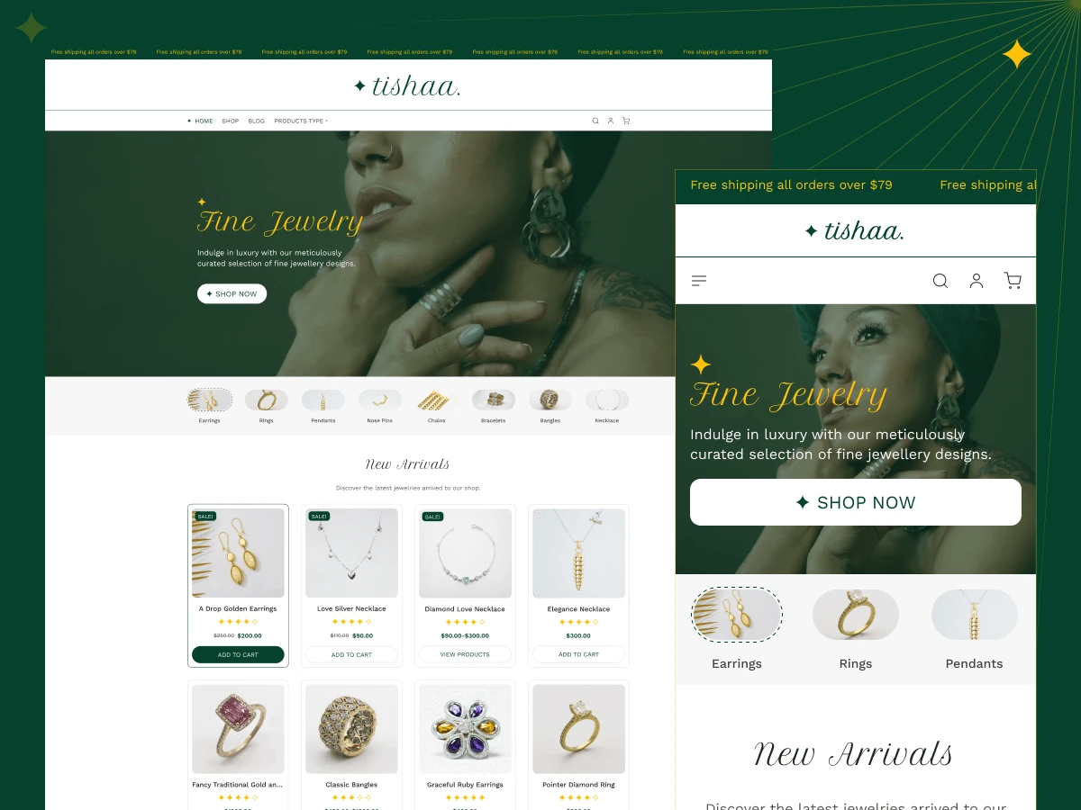 Tishaa WooCommerce Template Site for selling jewelries: dazzling Diamonds & exquisite Gold, or platinum, pearl, silver, ruby in wedding collections, curated gifts, art & crafts, or vintage treasures